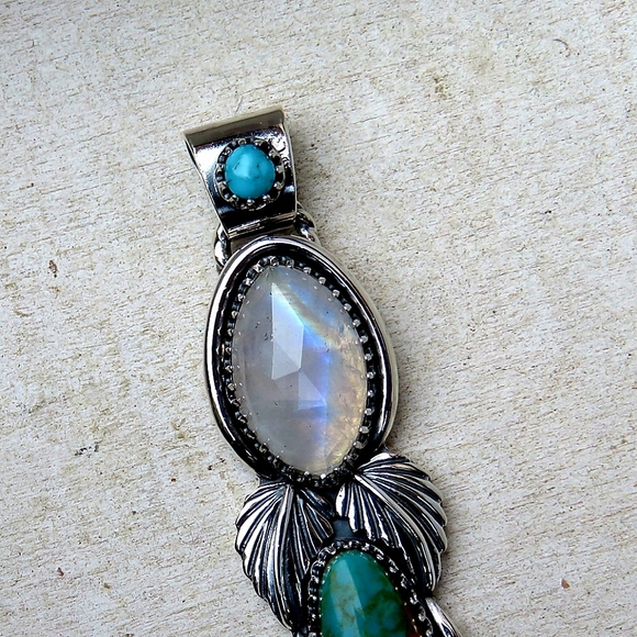 SOLD 925 Natural Kingman Turquoise & Rainbow Moonstone Statement Pendant NEW - Picture 6 of 7